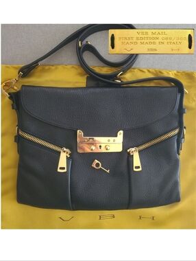 VBH Bag Signed Limited Edition Leather & GOLD "VEE MAIL" Bold Gold Black Handbag